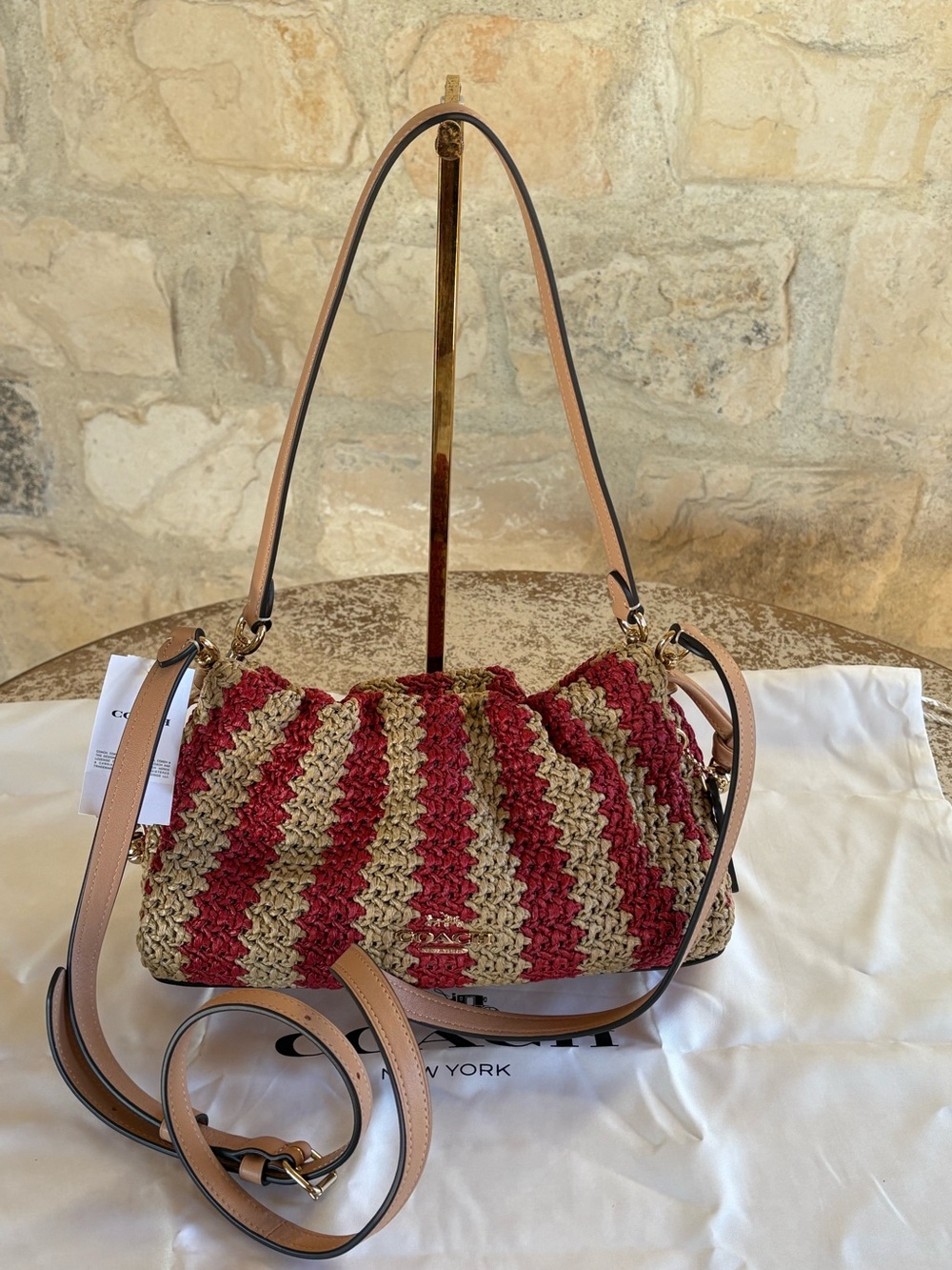 Coach small Faye Braided Straw Shoulder Bag in Red and Tan